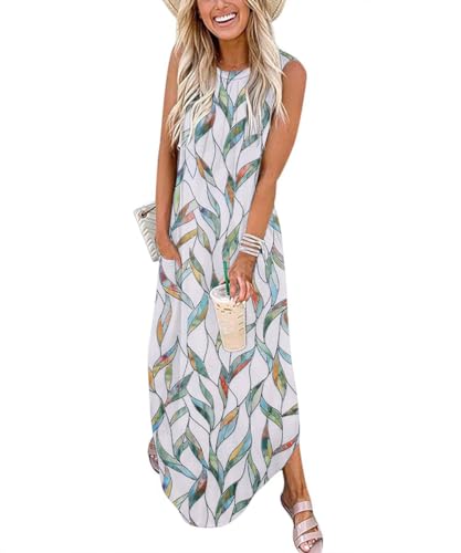 GRMLRPT Vestido Largo de Verano para Mujer Maxi Vestidos Casual Estampado Floral Cuello Redondo Suelto y Elegantepara Playa Vacaciones (Verde,XXL)