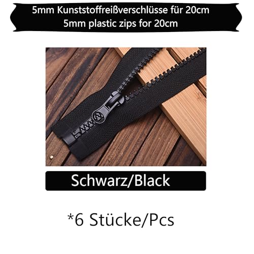 ftiemlovde 5# 6 Pack Reißverschluss Teilbar für Jacken Kunststoff Schwarz，Schlitten Reissverschluss 20 cm mit Zipper 5mm，Universal Reisverschluß Kaufen Erweiterung