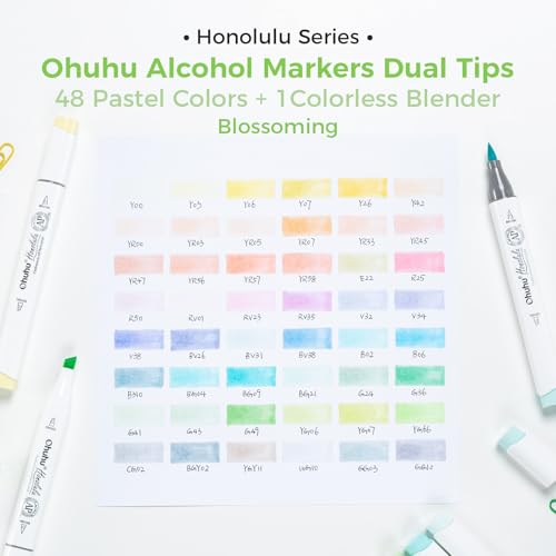 Image of Ohuhu Pastel Alcohol Brush Markers- 48 Pastel Colors of Honolulu Blossoming- Alcohol Based Double Tipped Art Marker Set for Artist Adults Coloring Illustration- Brush & Chisel Dual Tips- Refillable