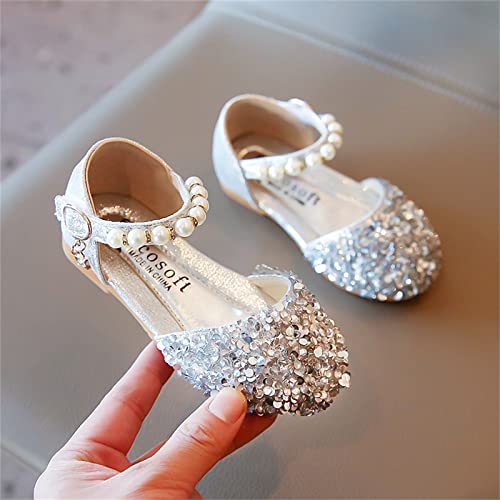 Girls White Dress Shoes Princess Low Shoes Dance Rhinestone Sandals Pumps Kids Little Heels Glitter Dress Sequins Girls (Silver-a, 30) 5