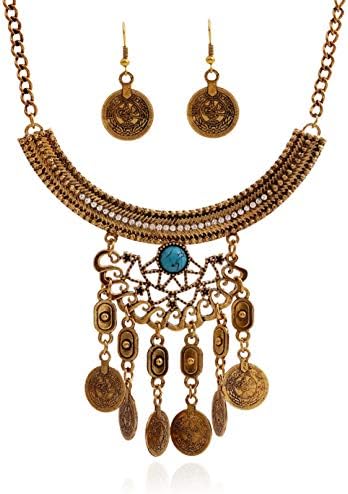 Thkmeet Fashion Bib Bohemian Statement Coin Necklace and Earrings Punk Ethnic Style Jewelry Set for Women