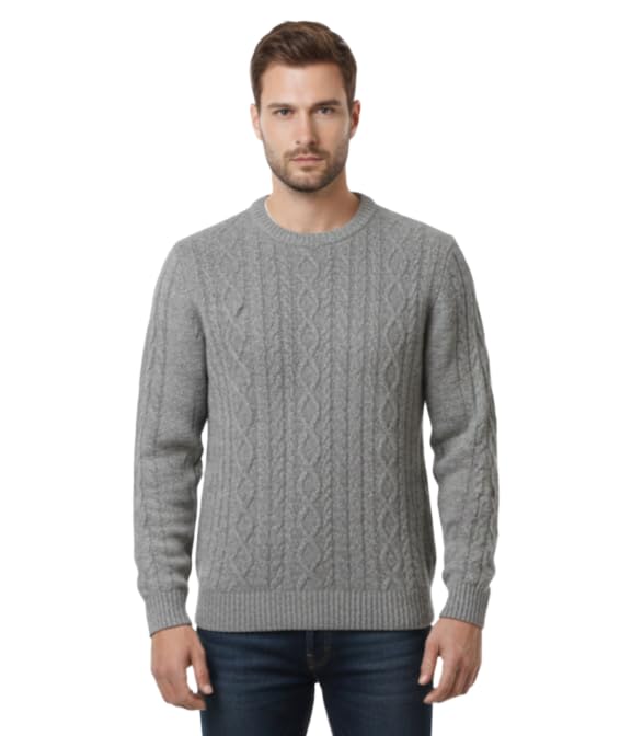 Men's Cable Knit Sweater, Grey, Crew Neck, Long Sleeve, Classic Pullover | Size: XL-picture-48