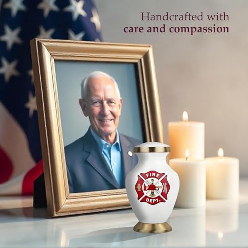 Image of Trupoint Memorials Small Urns for Human Ashes Keepsake, Military and Patriotic Decorative Mini Cremation Urn for Veteran Adult Men and Women, White Red Fireman