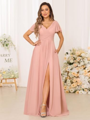 YMSHA V Neck Bridesmaid Dresses for Teens Pleated Side Slit Formal Dress with Pockets YMS1432