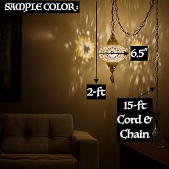 DEMMEX Plug-in Turkish Moroccan Mosaic Hanging Pendant Ceiling Light – Swag Lamp Fixture with 15ft Cord & Chain, Handcrafted Glass, Vintage Tiffany Style, Mediterranean Exotic Decor