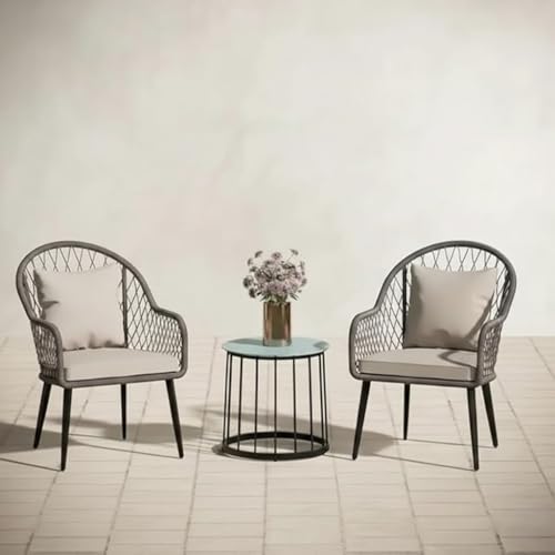 Image of LOCCUS 3-Piece Outdoor Patio Bistro Set - All-Weather Wicker Rattan Chairs with Soft Cushions & Glass Side Table for Backyard, Balcony & Deck (Grey & Beige)