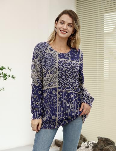 Image of YESNO Women Christmas Sweater Graphic Printed Oversized Pullover Sweaters Casual Loose Knit Tops S01