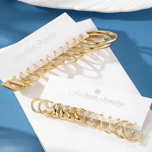 17IF 12 Pairs Gold Hoop Earring Set for Women Chunky Smooth Surface Trendy Small to Big Stud Earring Lightweight Twisted Pearl Ear Pack3