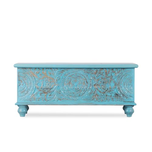 Image of Natura Solid Wood Coffee Table for Living Room Wooden Trunk Box for Storage | Handcrafted Center Table for Living Room with Sandook Storage | Pitara for Home and Bedroom (Blue Distress)