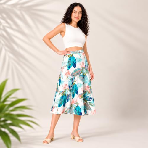 Image of Women's Floral & Animal Print Wrap Skirt - Midi Length A-Line Summer Skirt with Side Tie-Up, Tropical Cheetah Tiger Casual Beach Wear