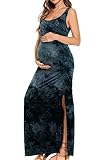 Smallshow Women's Split Long Maternity Dress Sleeveness Ruched Pregnancy Clothes Small Tie Dye Grey Black
