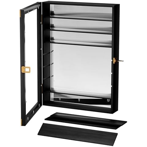 Tcatec Shot Glass Display Case with Removable Shelves Wooden Shot Glass Shelf with Bult-in Mirro Wall Mounted Bar Cabinet Shot Glass Shelf, Black Cover