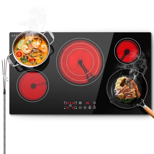 SNDOAS Cocina eléctrica de 36 pulgadas, 5 quemadores de 9000 W, estufa eléctrica de cerámica de vidrio integrada con control táctil, 9 niveles de potencia, bloqueo infantil, zona de triple anillo, 240