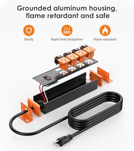 Image of CCCEI Heavy Duty Surge Protector, 20A Individual Switches, Orange, 6FT, 1 | 12 Gauge Grounded Extension Cord with Multiple Outlets, Wall Mount Power Strip for Garage, Plug Extender.