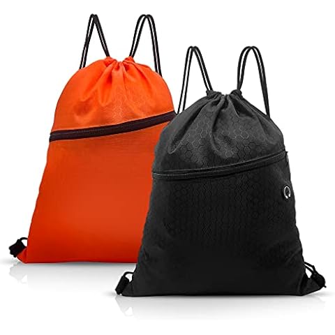 AISIR Drawstring Bags Portable (2 Pack), Waterproof String Sports Gym Bag with Zipped Pocket and Ear Hole for Kids Boys Girls Men Women (Black & Orange) Cover