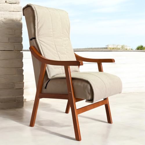 Sueña y Descansa Sillón Alto con Brazos de Madera de Haya con Manta Lavable tapizado Beis