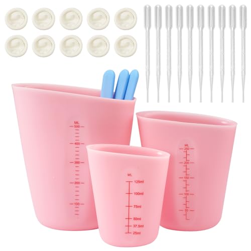 3 Stück Silikon Messbecher Gießpulver Set, 125ML/250ML/500ML Messbecher Aus Silikon Mit Skala Silicone Measuring Cup Epoxidharz Mit Mischstab, Tropfer, Fingerbetten für DIY Handmade, Labor, Küche