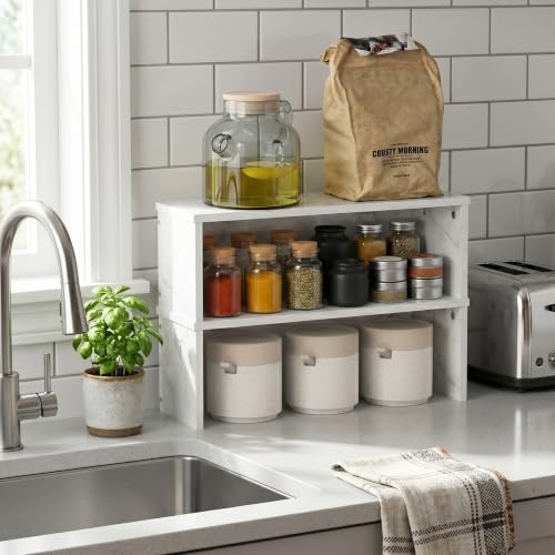 Image of Furinno Helena Kitchen Counter Stackable Organizer Shelf, Set of 2, 18-Inch, Marble White
