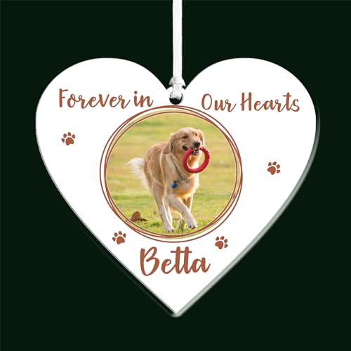 Personalized Dog Memorial Christmas Baubles Gifts Pet Memory Christmas Tree Decorations Custom Acrylic Pet Bereavement Gifts with Any Name & Photo for Loss of Dog Cat Puppy Pet (Heart, Design 2)