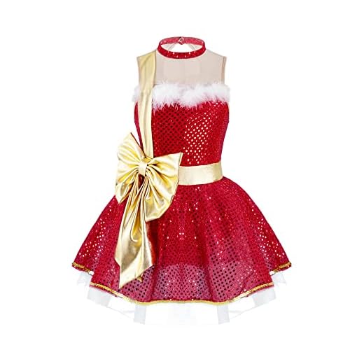 IEFIEL Vestido Maillot Tutú de Danza Ballet para Niña Vestido Lentejuelas de Patinaje Artistico para Fiesta Navidad Disfraz de Bailarina Ropa de Danza Niña Rojo 11-12 años