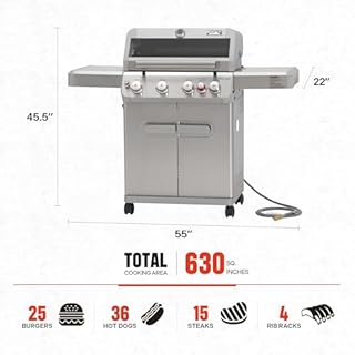 Monument Grills 4+1 Burner Natural Gas Grill with Natural Gas Hose, 50,000 BTU Stainless Steel Outdoor Patio Barbecue Grill, Broil Zone Fast Heating, Knob Lights, and Easy Cleanup, M415BZNG