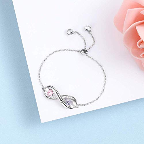 Personalised Silver Charm Bracelet for Women Girls Love Infinity Bracelets Cubic Crystal Adjustable Chain Customised Gifts Simulated Birthstone and Engraved Name Bracelets (2 Birthstone 2 Name) - Image 5
