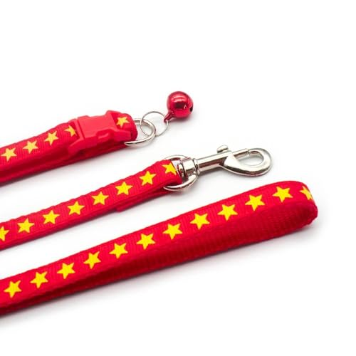 Small Dog Puppy Pet Collar and Lead Set Star Design Nylon Adjustable Size 19-32cm Collar with Bell and 120cm Leash Red - Image 4