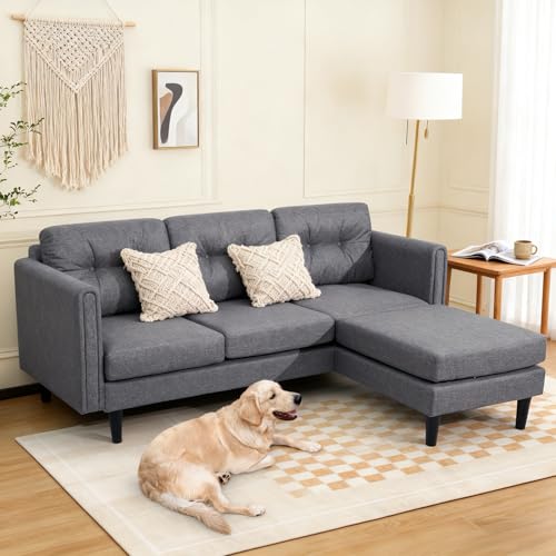 Alivio 3-Seater Modern L-Shaped Sectional Sofa with Movable Chaise – Breathable Linen Fabric, High-Density Foam Cushions, Washable Covers, Flexible Left Right Layout, Sturdy Wood Frame (Grey)