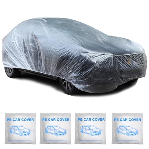 4 Pack Universal Disposable Car Covers - Waterproof Plastic Car Cover for Automobiles - Universal Vehicle Cover with Elastic Band for Sedan Outdoor Snow Rain Weather (Size L 4Pack)
