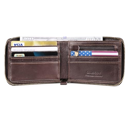 Image of Airtag Wallets For Men With Zipper RFID Blocking Leather Bifold Mens Wallet - Big Capacity Credit Card Travel Wallet - Flap ID Window Zip Coin Pocket (Coffee)