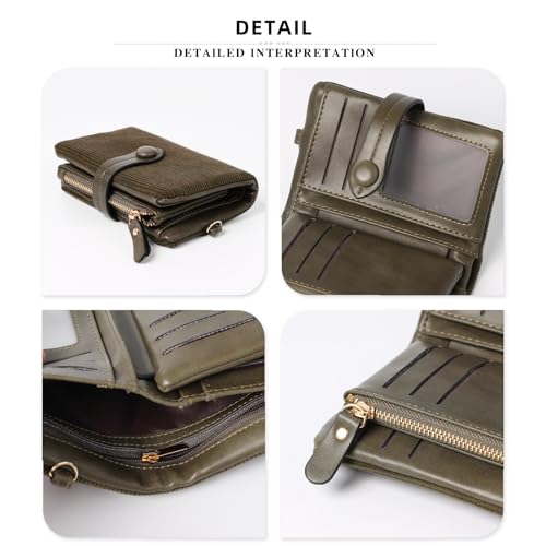 Womens Trifold Leather wallet Rfid blocking Ladies Wristlet with Card holder id window Coin Purse for Women,Corduroy Trifold Wallet Clutch（Dark Green）3