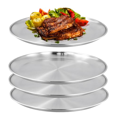 CHUIFAI 4 piatti rotondi in acciaio inox da 30 cm, piatti rotondi in acciaio inox, piatti da campeggio in acciaio inox, per picnic, barbecue