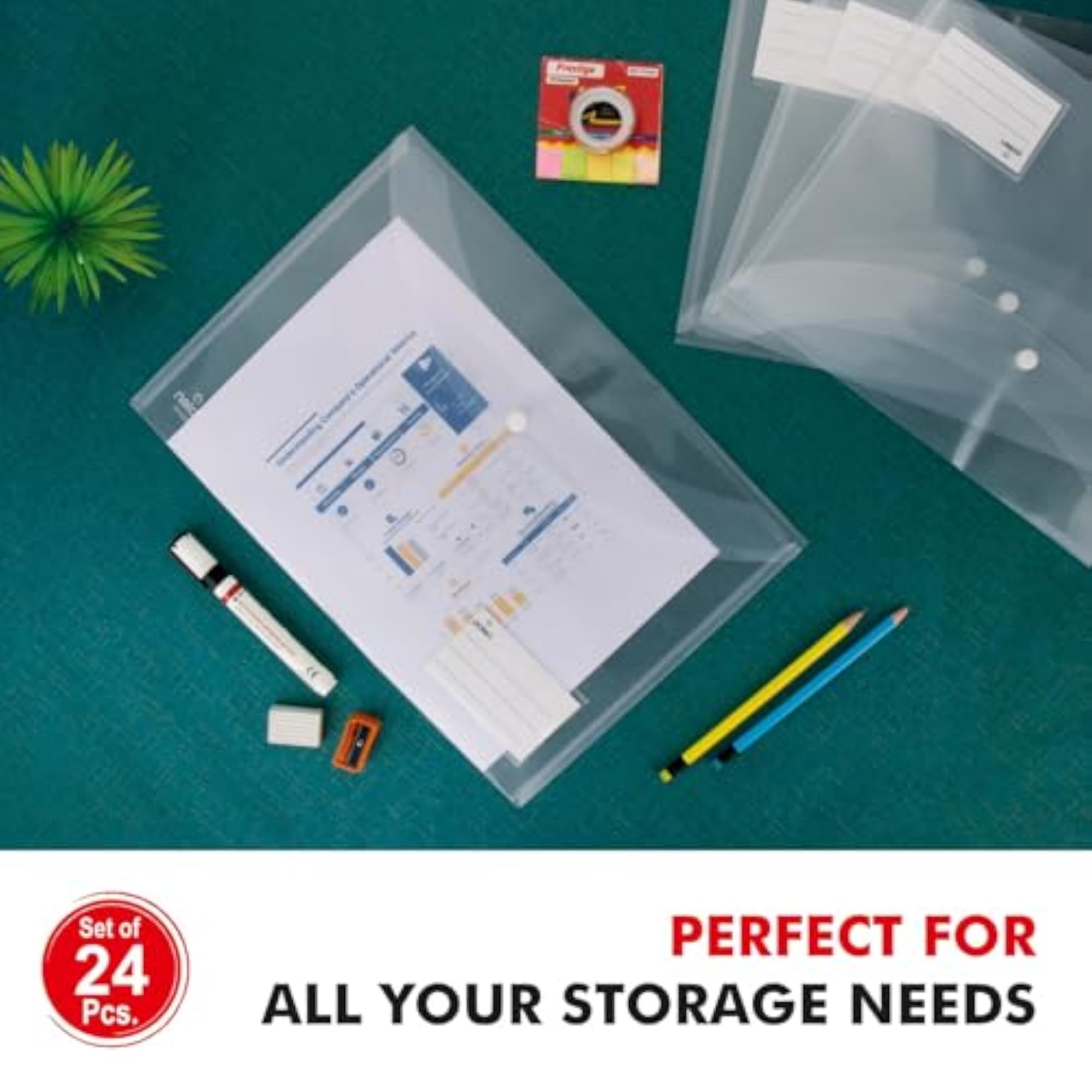 24 Pcs Transparent Button File Folder, Waterproof