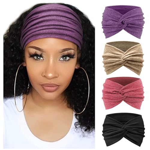 Image of DRESHOW 4 Pack Turban Headbands for Women Wide Vintage Head Wraps Knotted Cute Hair Band Accessories