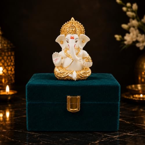 Image of Gold Art India Lord Ganesha Gold Plated Idol | Elegant Off White Finish | Premium Peacock Green Velvet Gift Box | Ganesh Murti for Home Temple, Office Desk & Car Dashboard | Spiritual Gift