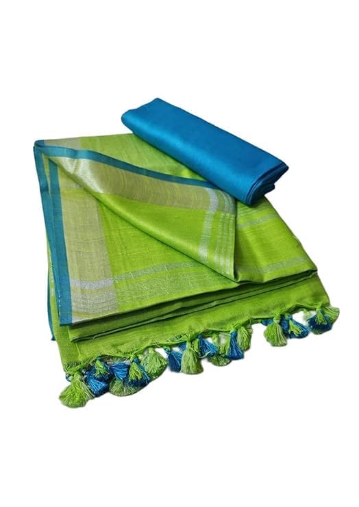 Image of STB-SILK TEXTILES BHAGALPUR Women's Linen Slub Saree With Contrast Blouse Piece