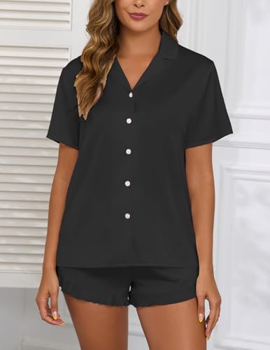 Image of Veseacky Women Satin Pajamas Set 2 Piece Button Down Short Sleeve Soft Sleepwear with Pockets