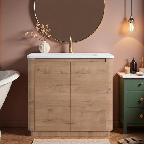 Image of 36 inch Bathroom Vanity with Ceramic Sink, Freestanding Bathroom Vanity with 2-Soft-Close Door, Soft-Closing Hinges & Hidden Handles for Home, Farmhouse, Easy to Clean Design, Imitative Oak
