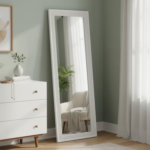 Image of APRODZ Tall White Full Length Mirror 52x160 cm | Slim Floor Standing Full Body Dressing Mirror | Modern White Frame Mirror for Bedroom, Living Room, Hallway & Studio