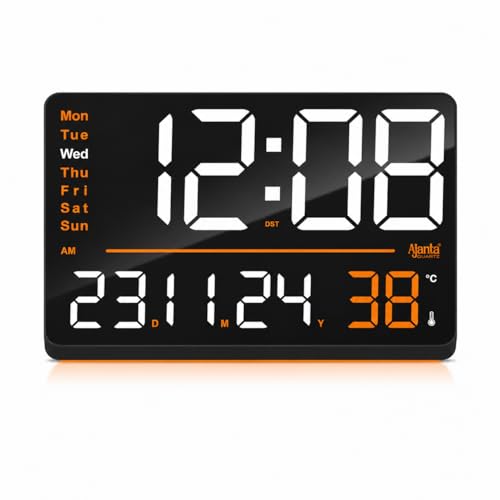 Image of Ajanta Digital Wall Clock with RGB Night Light, Temperature, Calendar and 12 /24H Format (White, 33 x 22 cm)