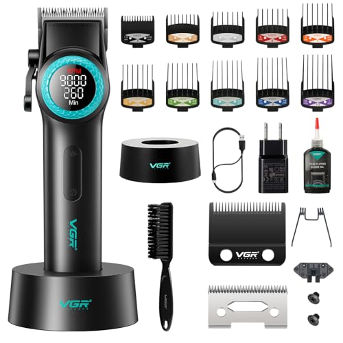 VGR 001 Professional Hair Clippers for Men, Cordless Barber Clippers for Hair Cutting, Carbon Steel Blade Hair Trimmers with Blade for Barbers, 9000RPM, LED Display, Black