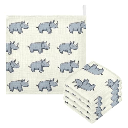 Image of vvfelixl Cartoon Rhino Stick Figure Baby Burp Cloths Baby Muslin Washcloths for Boys Girls Cotton Babys Face Towel for Newborn Infants Soft and Absorbent 11.8 X 11.8 in, 5 Pack