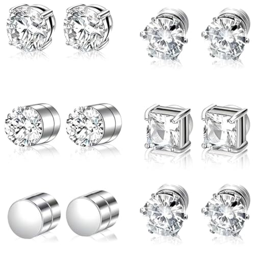 Teegxddy 6 Pares Pendientes Magnéticos, Pendientes de Imán para Hombre Mujer Pendiente Magnéticos Hombre Diamante Pendiente Iman Hombres Plata