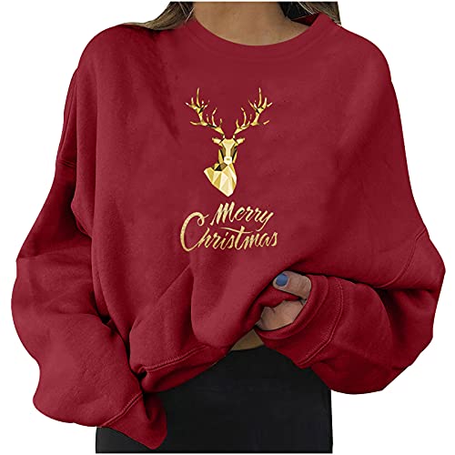 DABAOK Camiseta de cuello alto para mujer, sudadera con cuello redondo, informal, de Navidad, camiseta de compresión para mujer, rosso, M