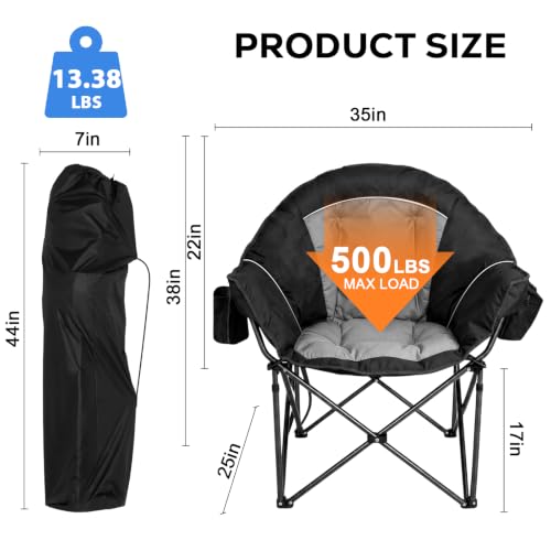 Image of Romswi 2Pcs Oversized XL Padded Camping Chair for Adults, 500lbs Support Heavy-Duty Padded Folding Chair with Side Pocket Cup Holder, Wide&Thick, for Outdoor,Black