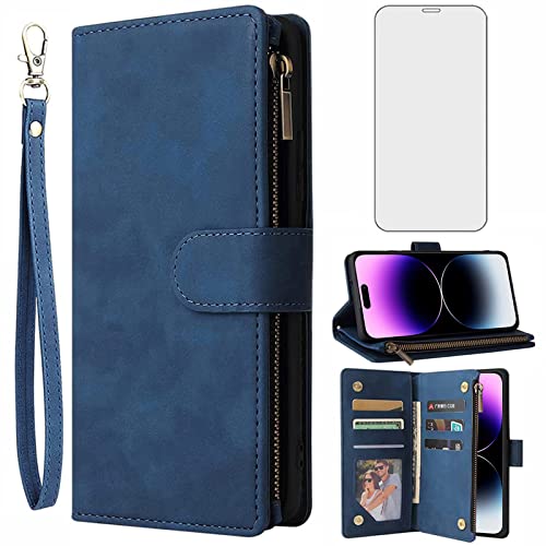 Étui portefeuille iPhone 14 Pro Max avec fentes cartes et verre trempé inclus bleu