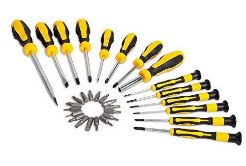 32 Pieces Screwdriver Set with Compact Carry Case, Flat-Head, Cross-Head, Slot-Head and Precision Screwdrivers, Cushion Grip Handles, Magnetised Hex, Torx, Ph, Pz Bits