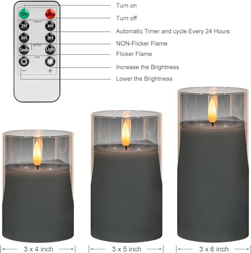 Image of Grey Glass Flameless Candles Real Wax LED Pillar Candles Set of 3 | 3D Black Wick Flame Effect Warm Flickering Glow 2 /4 /6 /8H Timer Safe Home Lighting for Bedroom, Wedding & Holiday Decor