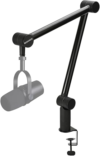 BOMGE Soporte de micrófono con brazo de brazo Soporte de brazo de tijera de suspensión ajustable resistente con canales de gestión de cables,