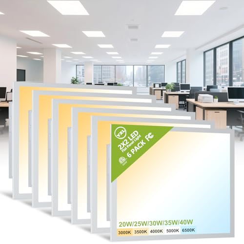 YXL 6 Pack 2x2 LED Flat Panel Light Drop Ceiling Light Fixture 5200LM 5CCT LED Drop Ceiling Office Light 40W/35W/30W/25W/20W Selectable 6500K/5000K/4000K/3500K/3000K Dimmable 0-10V ETL